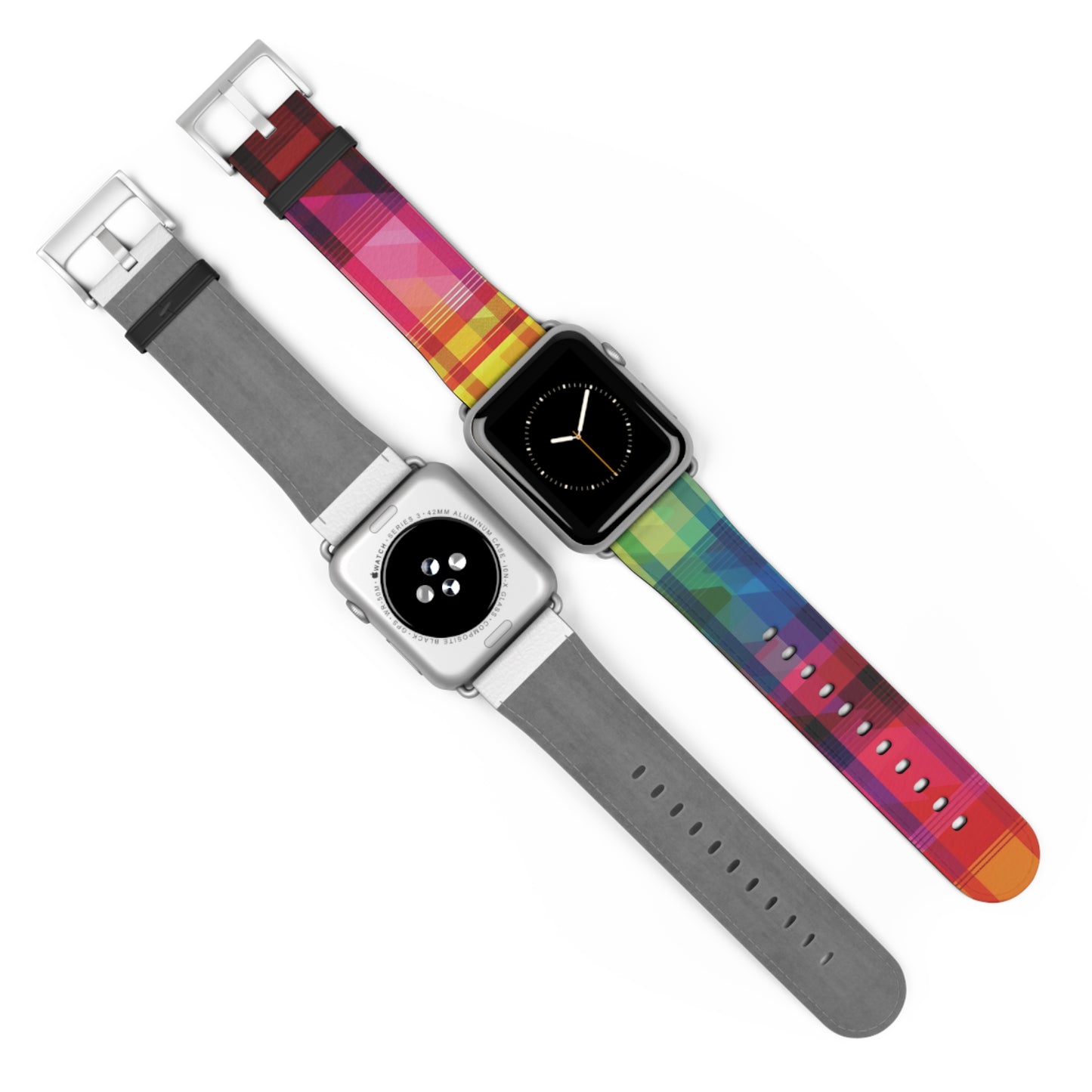 Apple Watch Strap - Rainbow Pride Tartan | Faux Leather | Gold Rose-Gold Silver Black Fittings | Vegan Leather