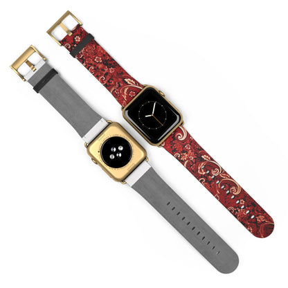 Apple Watch Strap - Cherry Red Paisley | Faux Leather | Gold Rose-Gold Silver Black Fittings | Vegan Leather | 2024