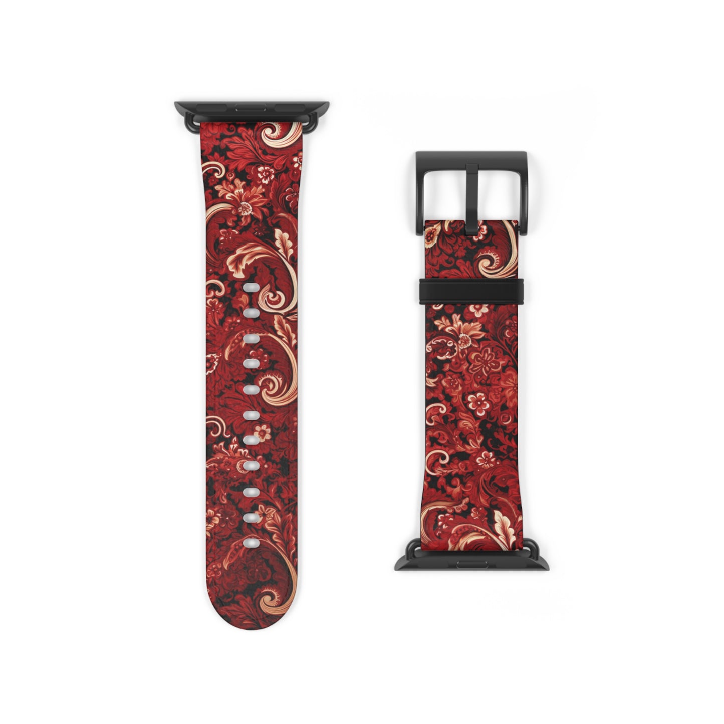 Apple Watch Strap - Cherry Red Paisley | Faux Leather | Gold Rose-Gold Silver Black Fittings | Vegan Leather | 2024