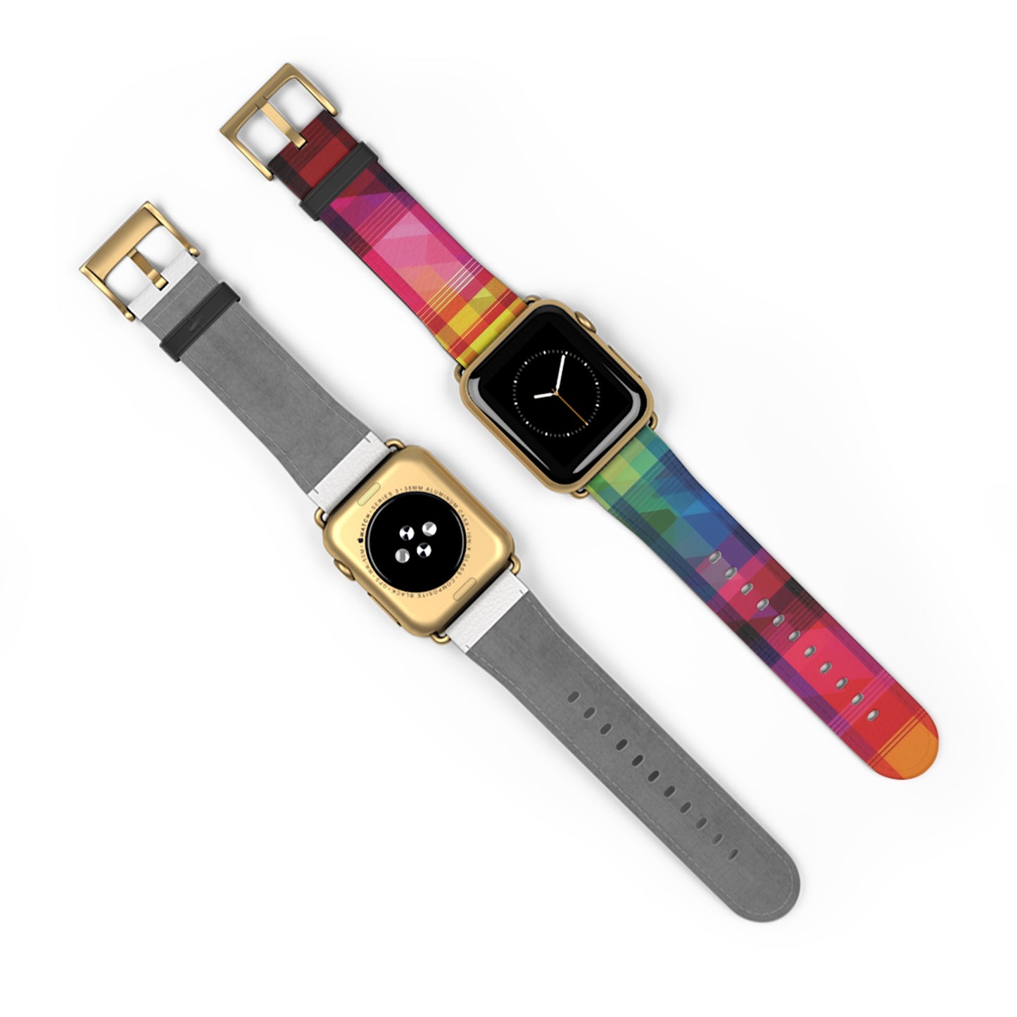 Apple Watch Strap - Rainbow Pride Tartan | Faux Leather | Gold Rose-Gold Silver Black Fittings | Vegan Leather