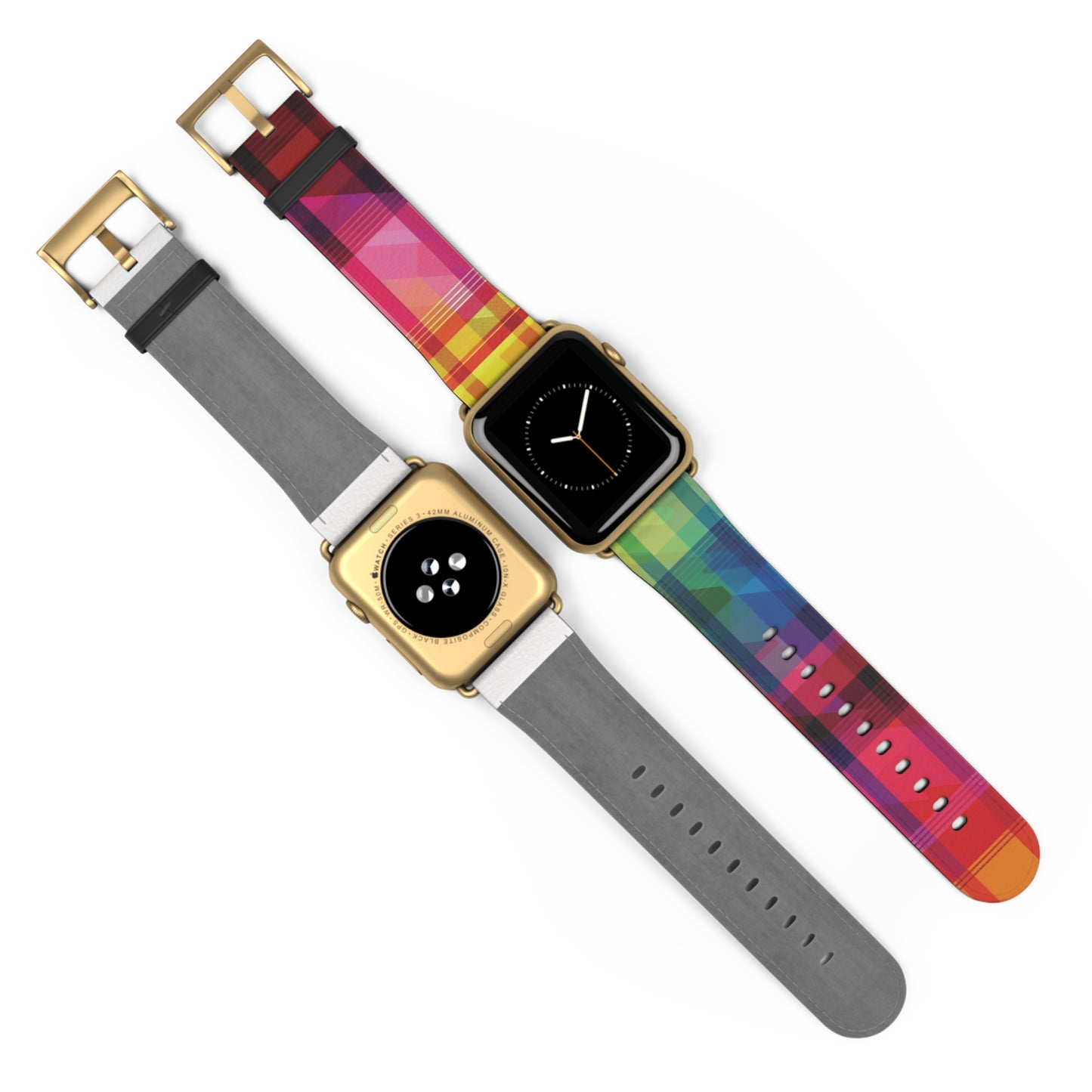 Apple Watch Strap - Rainbow Pride Tartan | Faux Leather | Gold Rose-Gold Silver Black Fittings | Vegan Leather