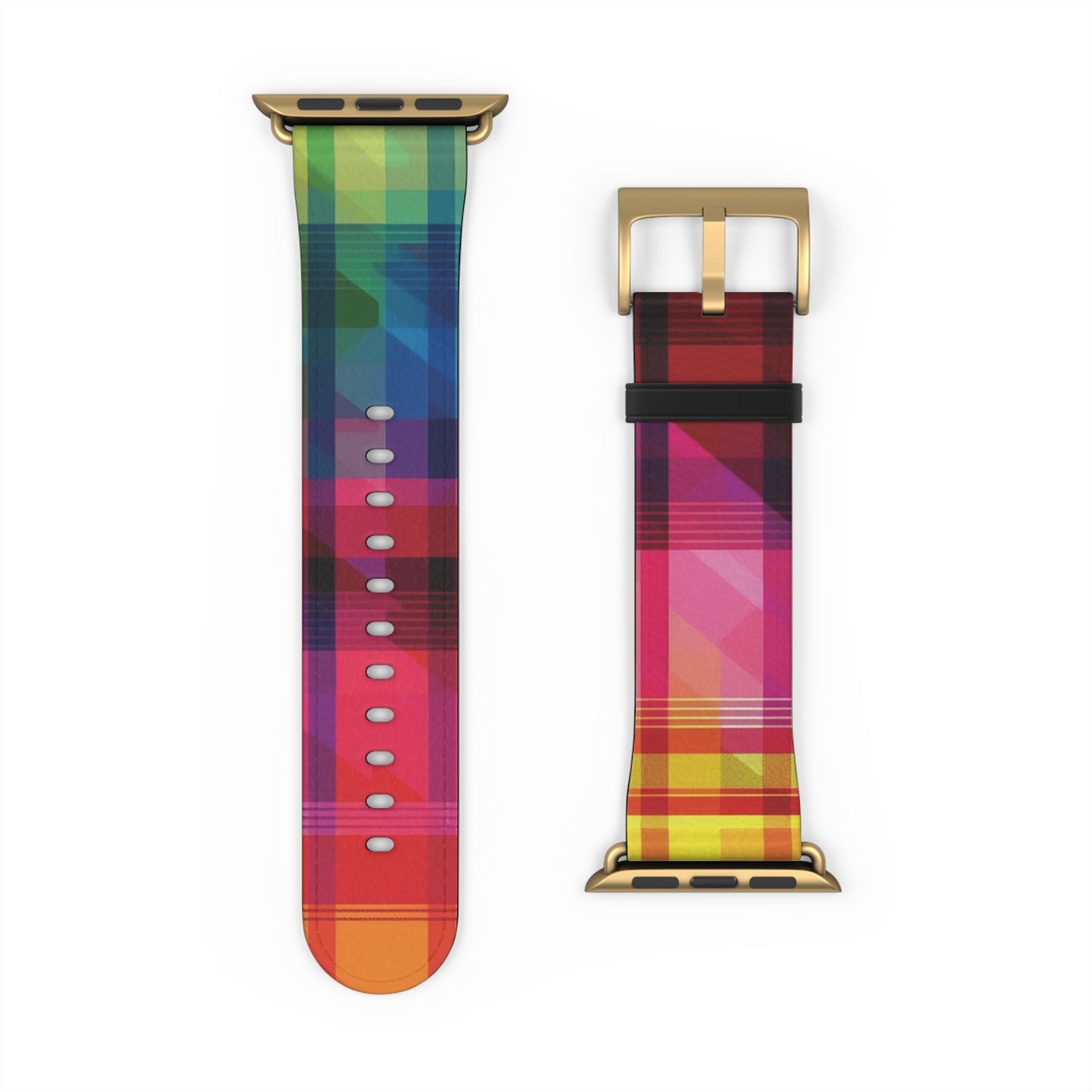 Apple Watch Strap - Rainbow Pride Tartan | Faux Leather | Gold Rose-Gold Silver Black Fittings | Vegan Leather