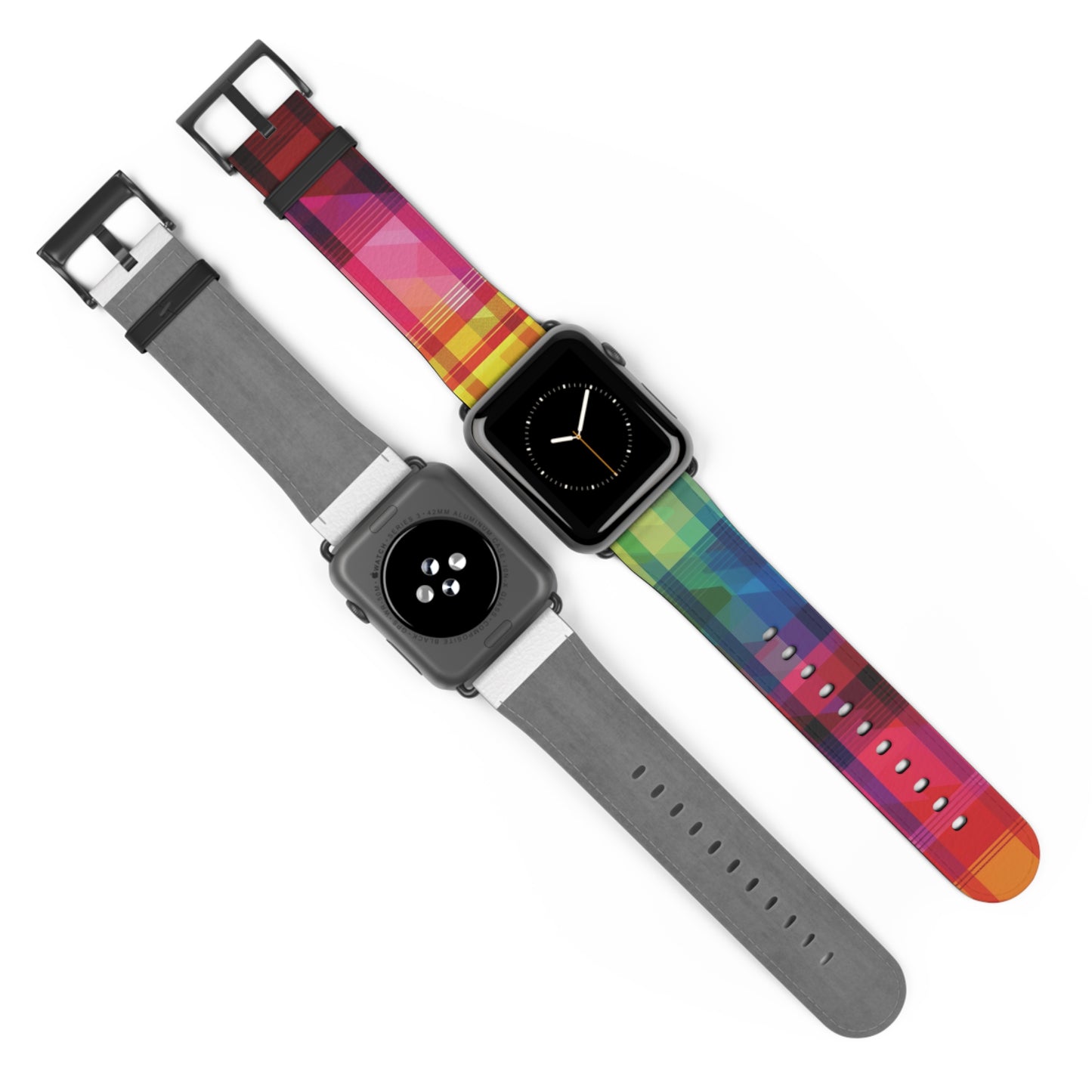 Apple Watch Strap - Rainbow Pride Tartan | Faux Leather | Gold Rose-Gold Silver Black Fittings | Vegan Leather